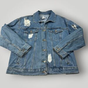 Forever 21 Denim Trucker Jacket M Medium Blue Wash Distressed 100% Cotton